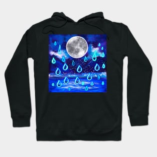 Blue Moon at midnight - Full moon in the rain, midnight landscape with raindrops falling into Water Hoodie